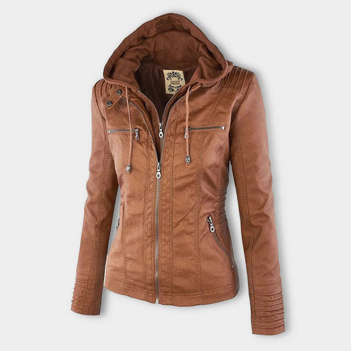 Womens PU Leather Jacket with Hooded Style
