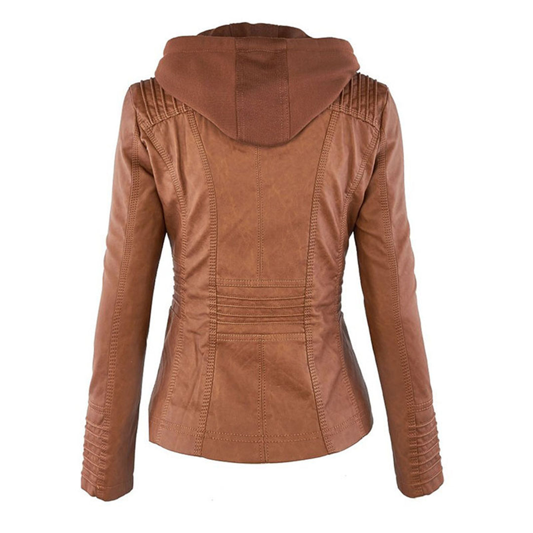 Womens PU Leather Jacket with Hooded Style