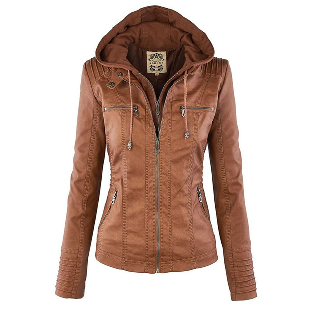 Womens PU Leather Jacket with Hooded Style - BritishMode