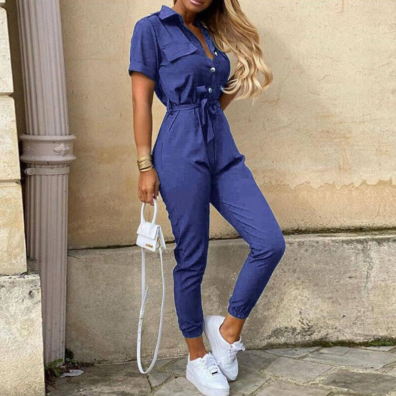 Womens Slim Fit Jumpsuit Short Sleeve Button Front