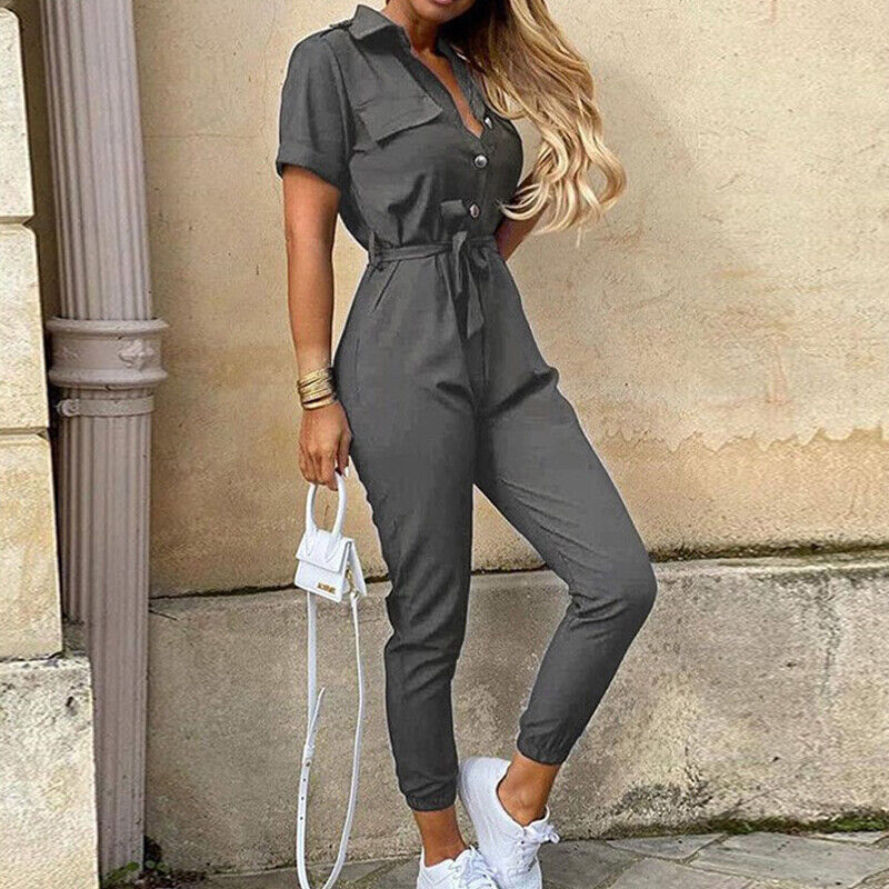 Womens Slim Fit Jumpsuit Short Sleeve Button Front