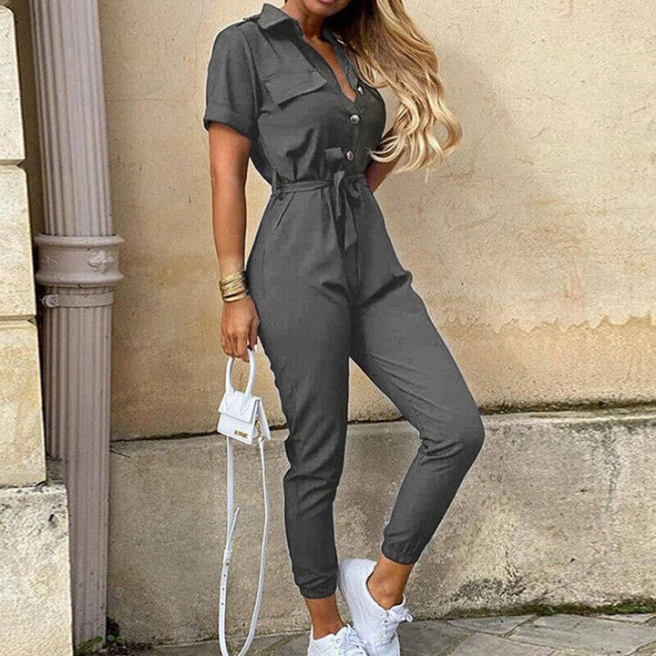 Womens Slim Fit Jumpsuit Short Sleeve Button Front