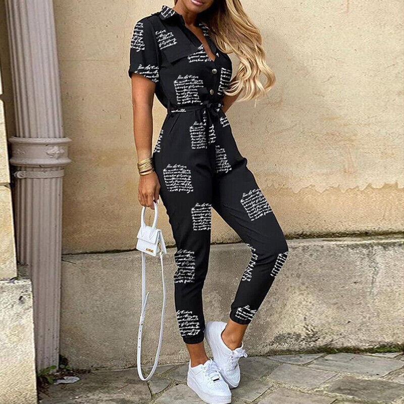 Womens Slim Fit Jumpsuit Short Sleeve Button Front