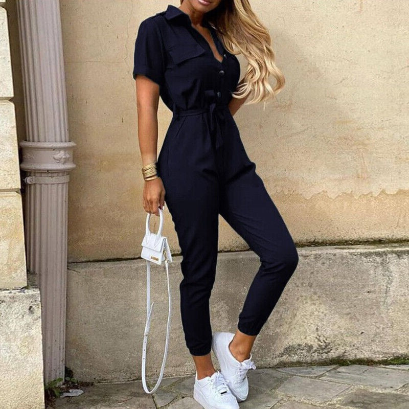 Womens Slim Fit Jumpsuit Short Sleeve Button Front