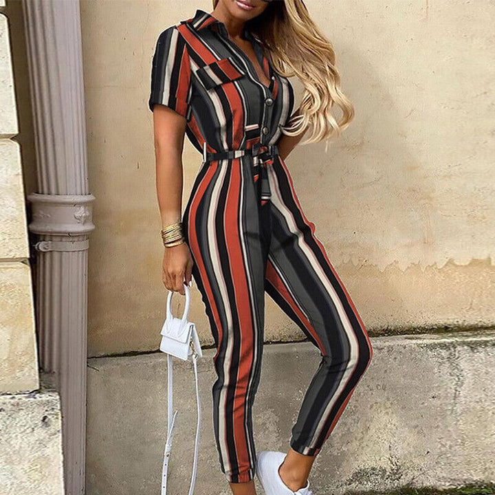 Womens Slim Fit Jumpsuit Short Sleeve Button Front - BritishMode