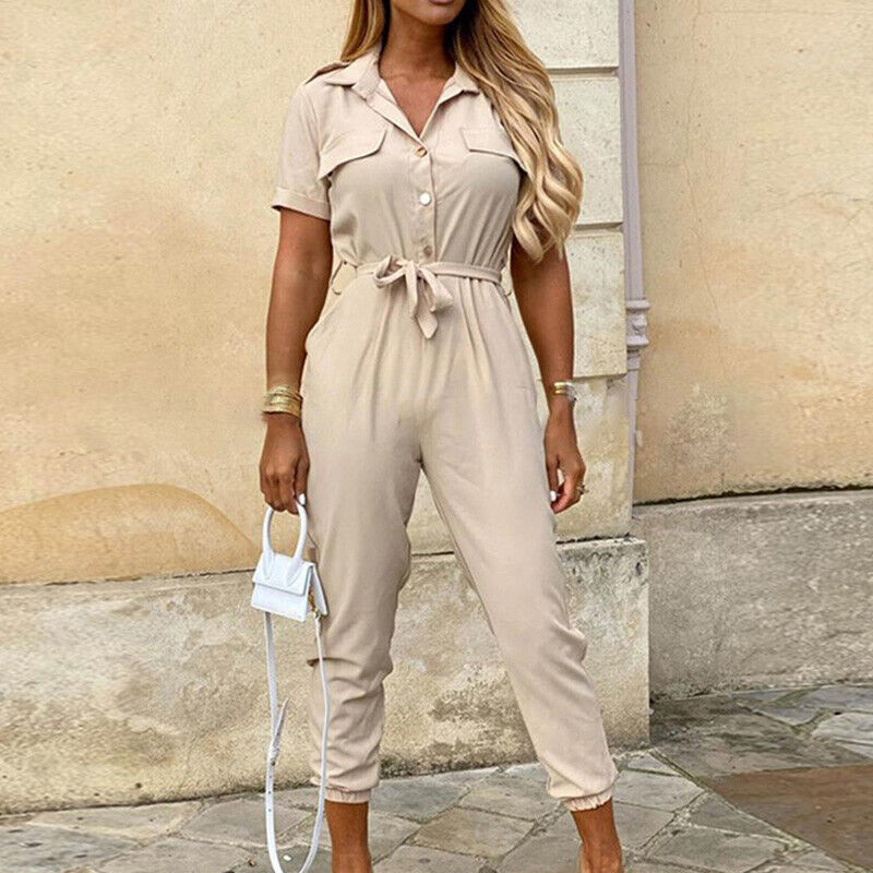 Womens Slim Fit Jumpsuit Short Sleeve Button Front