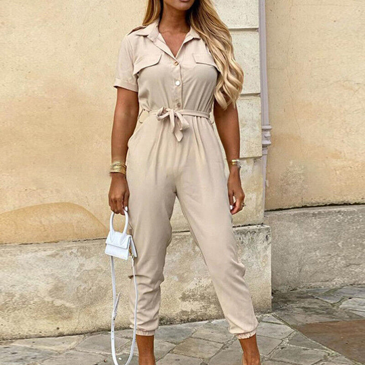 Womens Slim Fit Jumpsuit Short Sleeve Button Front