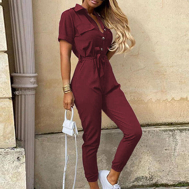 Womens Slim Fit Jumpsuit Short Sleeve Button Front