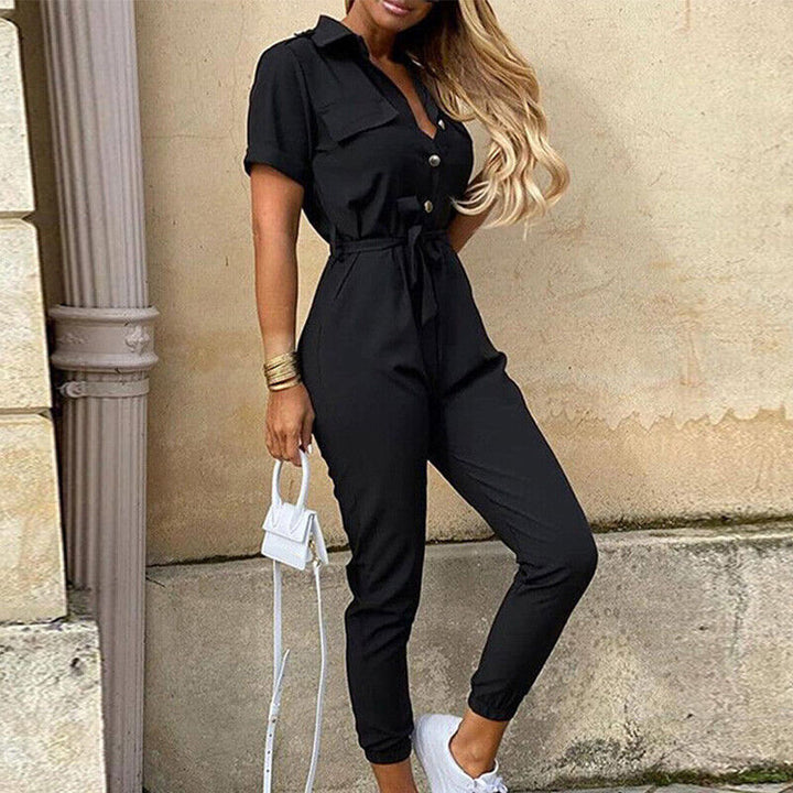 Womens Slim Fit Jumpsuit Short Sleeve Button Front