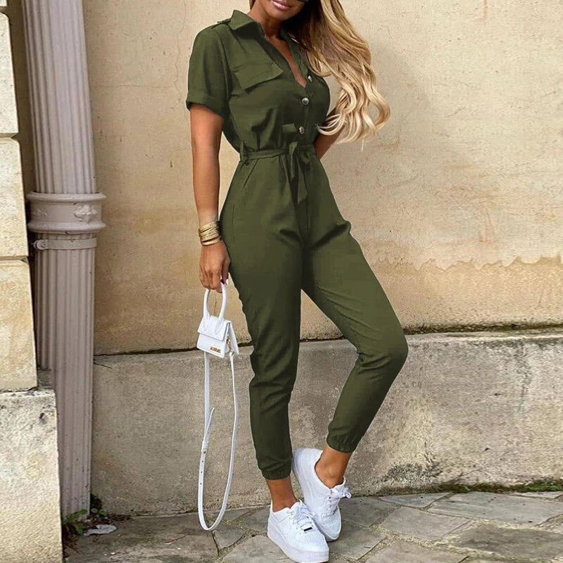 Womens Slim Fit Jumpsuit Short Sleeve Button Front