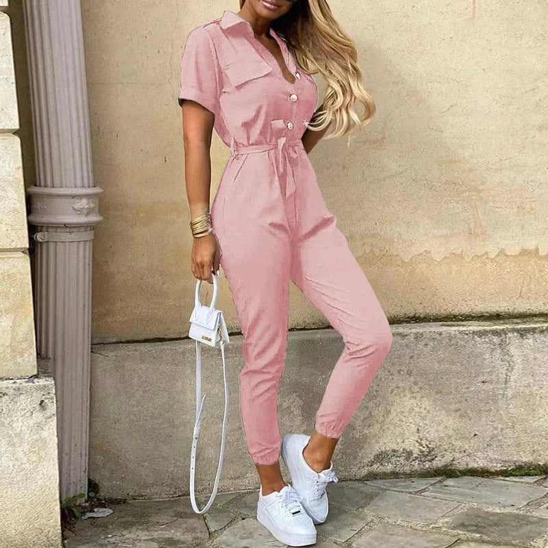 Womens Slim Fit Jumpsuit Short Sleeve Button Front