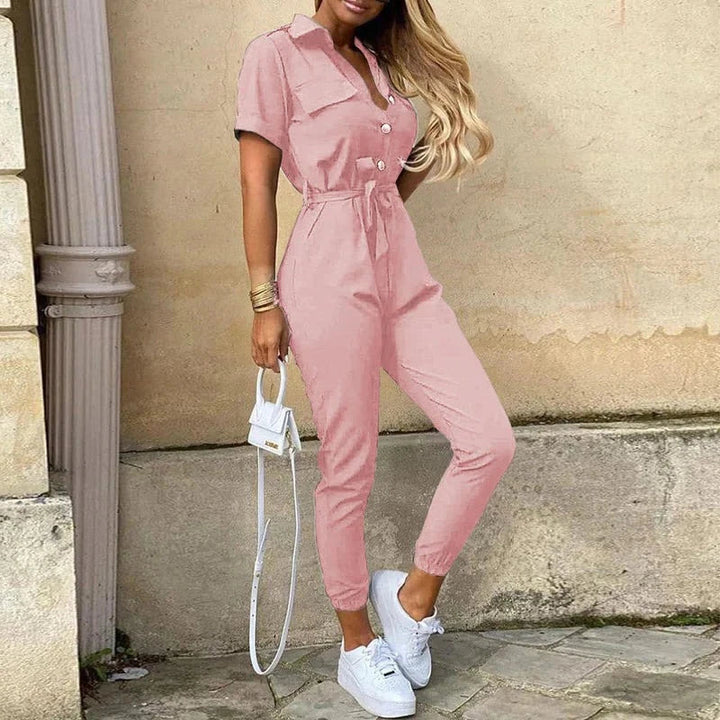 Womens Slim Fit Jumpsuit Short Sleeve Button Front