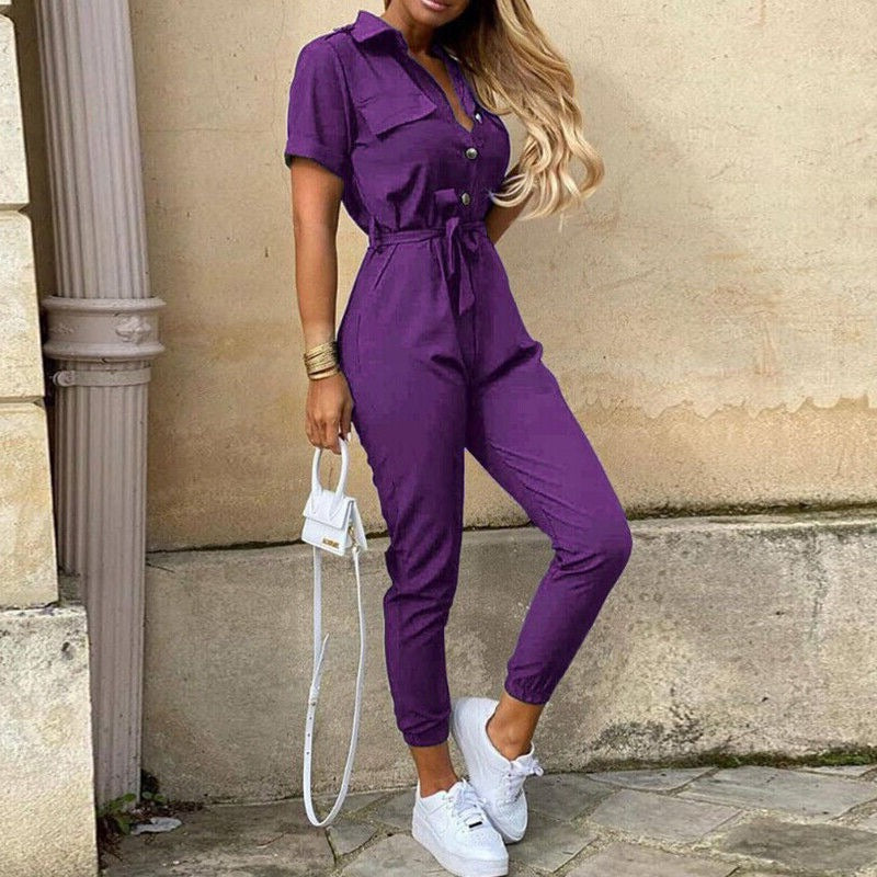 Womens Slim Fit Jumpsuit Short Sleeve Button Front