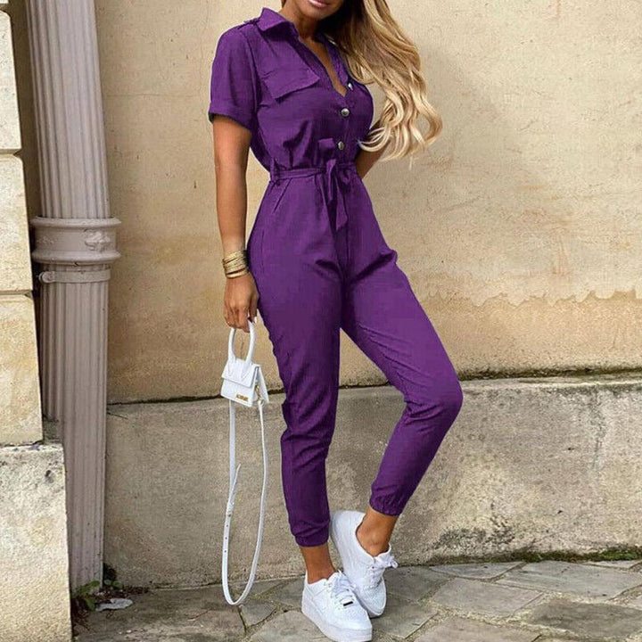 Womens Slim Fit Jumpsuit Short Sleeve Button Front