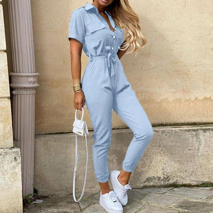 Womens Slim Fit Jumpsuit Short Sleeve Button Front