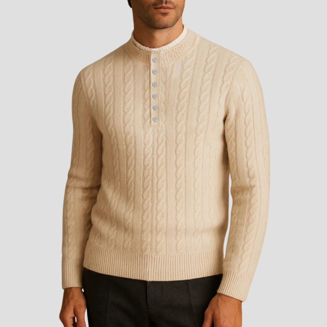 Mens Crew Neck Sweater Textured Knit Buttoned - BritishMode