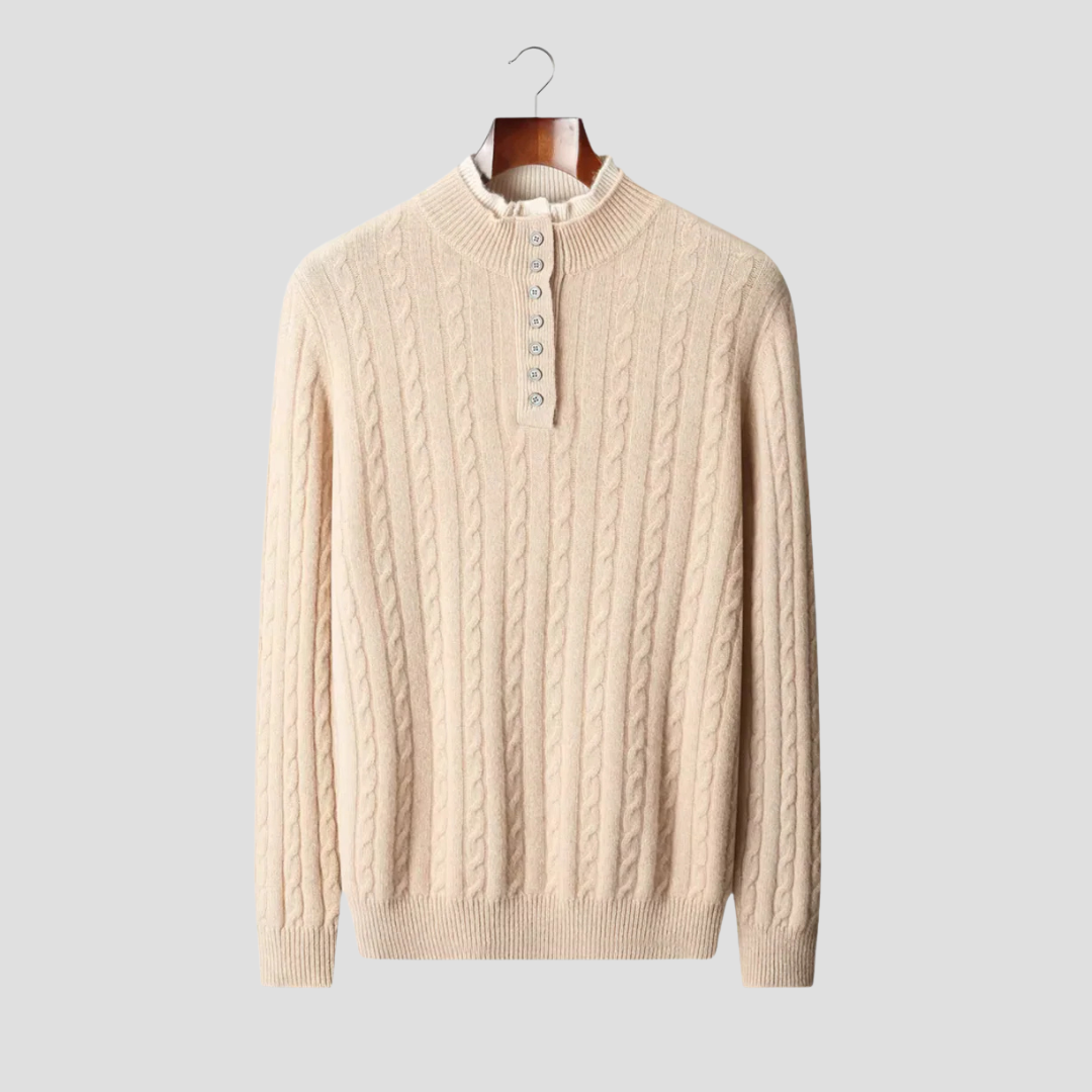 Mens Crew Neck Sweater Textured Knit Buttoned