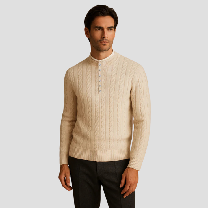 Mens Crew Neck Sweater Textured Knit Buttoned