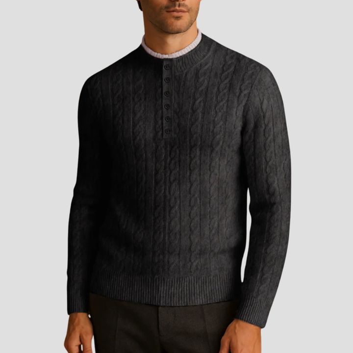 Mens Crew Neck Sweater Textured Knit Buttoned