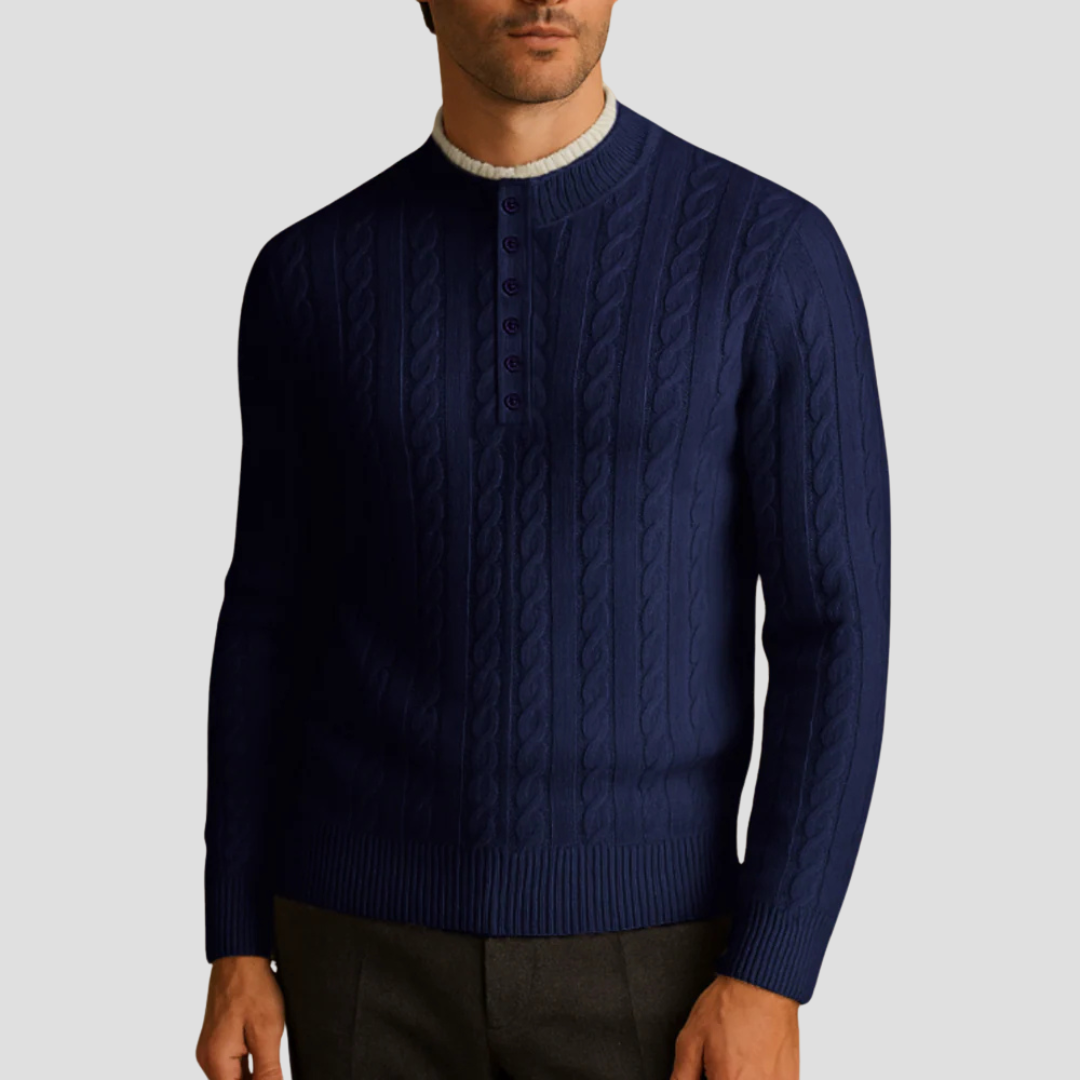 Mens Crew Neck Sweater Textured Knit Buttoned