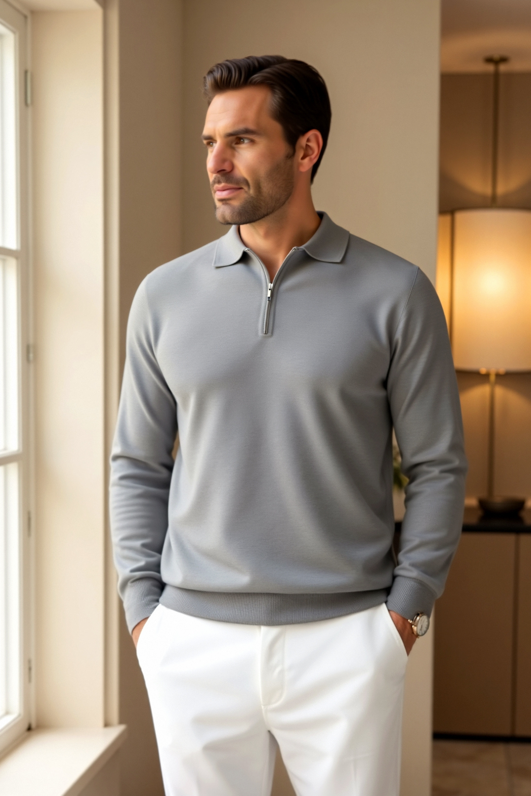Mens Knit Polo Shirt with Turn-Down Collar and Adjustable Zip