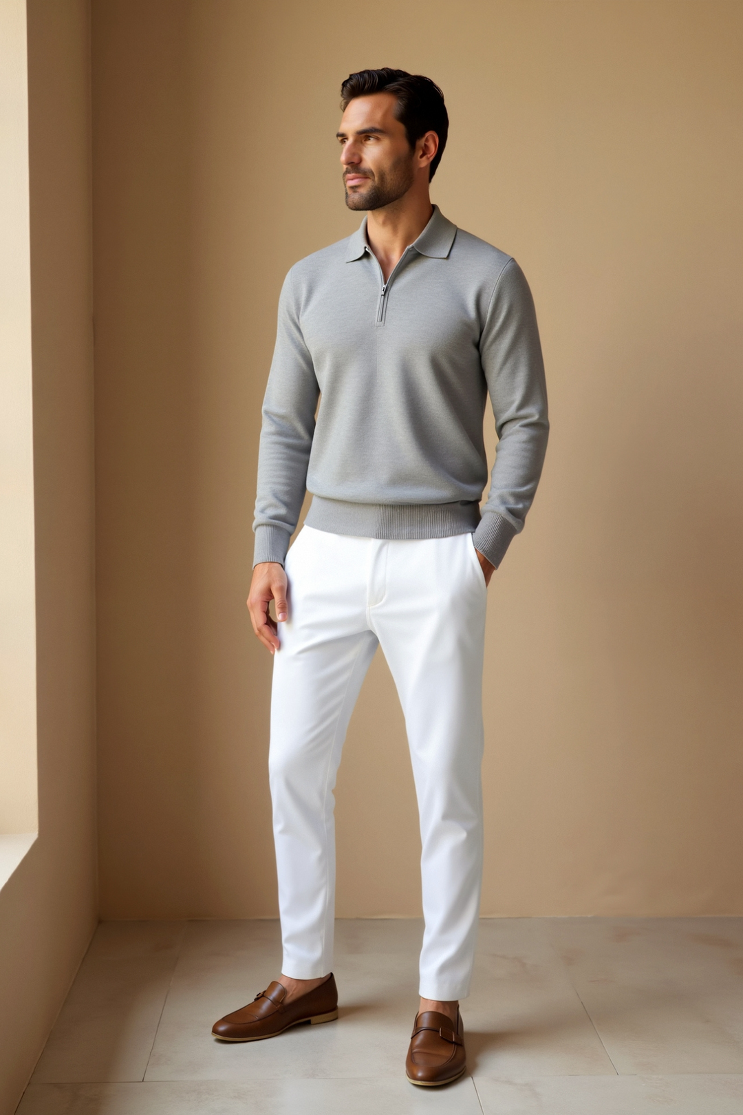 Mens Knit Polo Shirt with Turn-Down Collar and Adjustable Zip