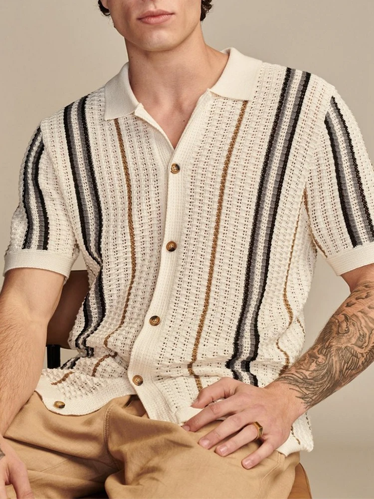 Mens Knit Short Sleeve Shirt Textured Breathable Fit
