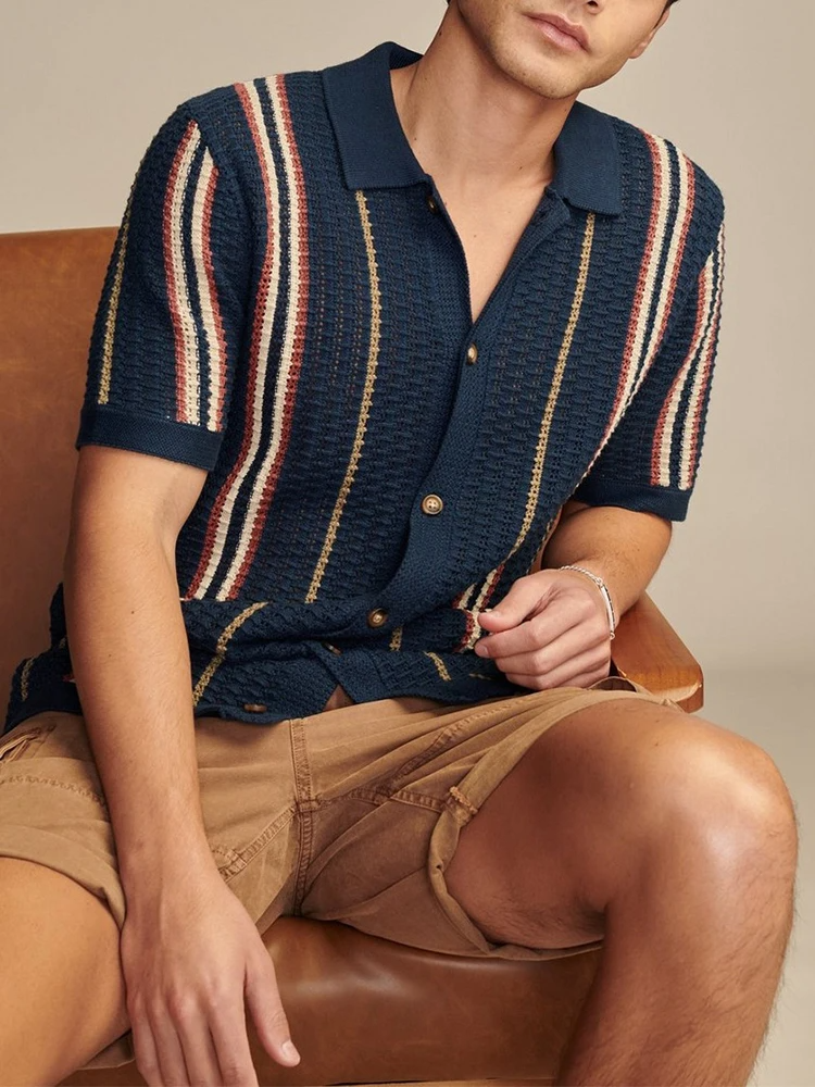 Mens Knit Short Sleeve Shirt Textured Breathable Fit