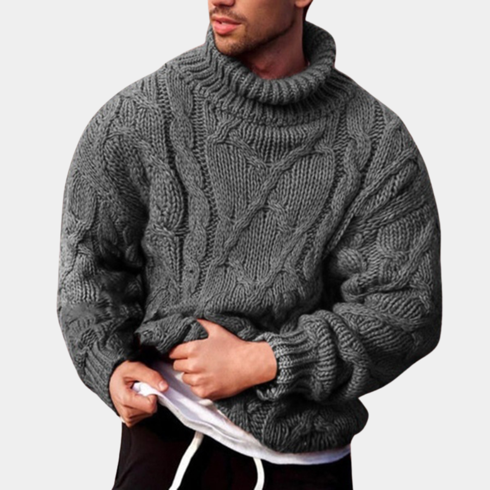 Mens Cable Knit Sweater Turtleneck Chunky Fit