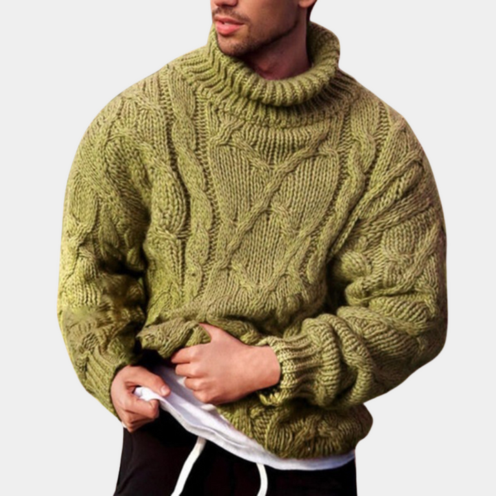 Mens Cable Knit Sweater Turtleneck Chunky Fit