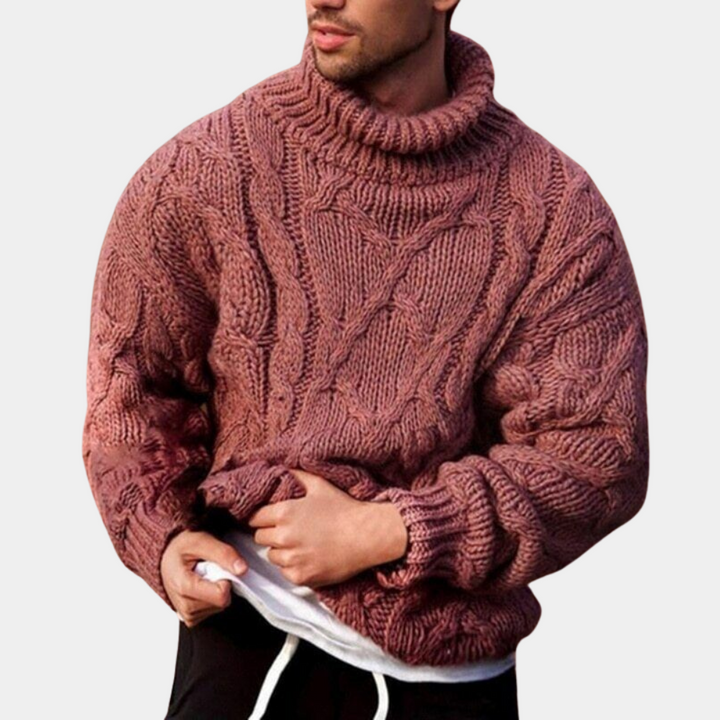 Mens Cable Knit Sweater Turtleneck Chunky Fit