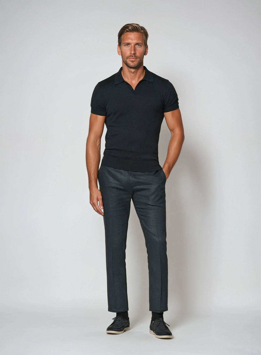 Mens Knitted Polo Shirt Collarless Flexible Fit