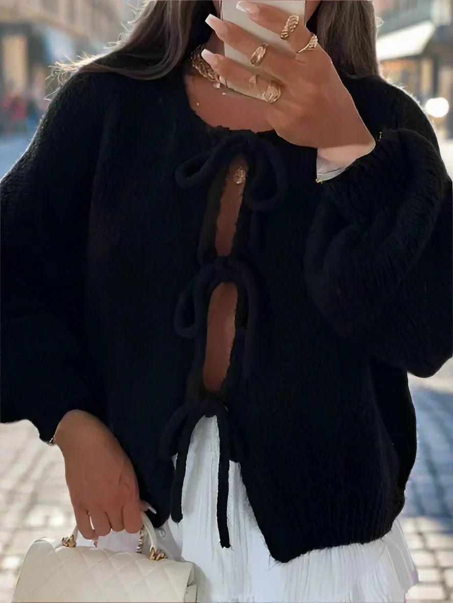 Womens Knit Cardigan with Tie-Front V-Neck Batwing Sleeve