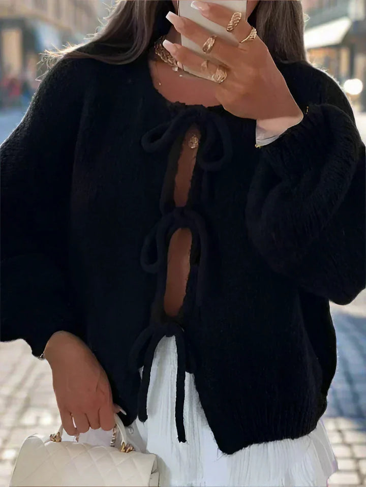 Womens Knit Cardigan with Tie-Front V-Neck Batwing Sleeve