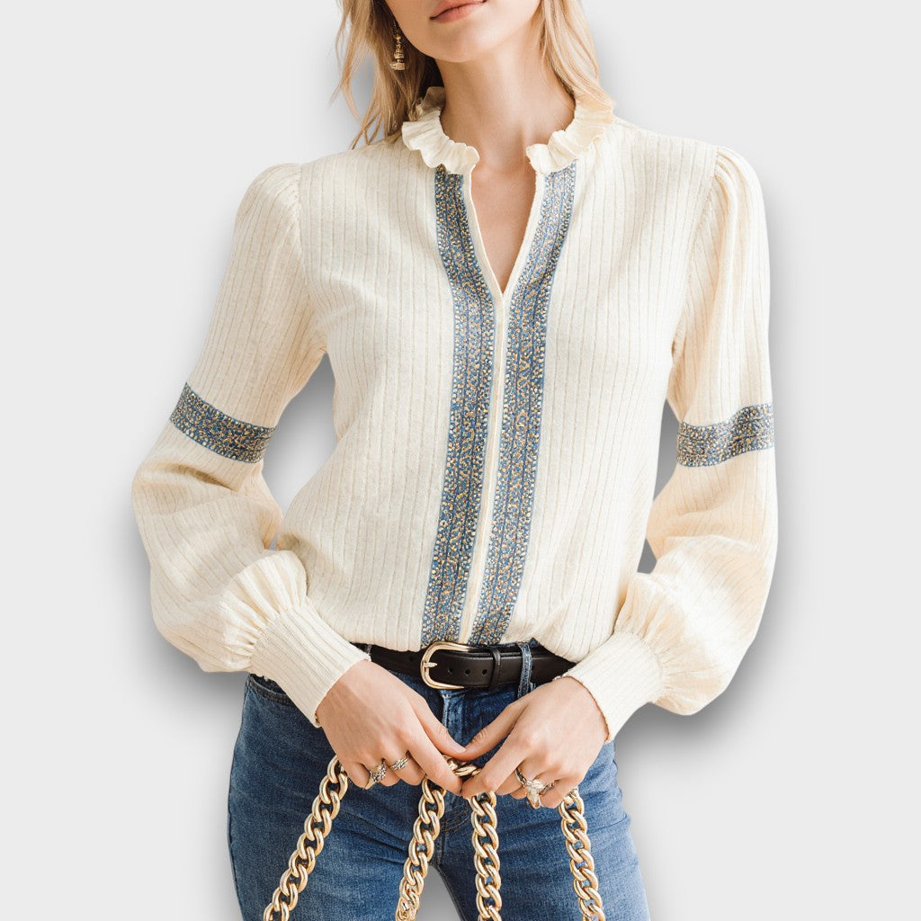 Womens Embroidered Blouse with Ruffle Detail - BritishMode