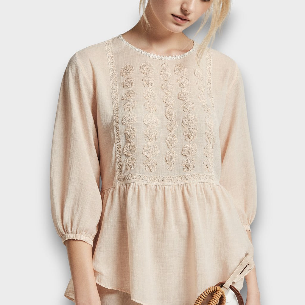 Womens Peplum Blouse with Vintage Embroidery Cotton Fit - BritishMode