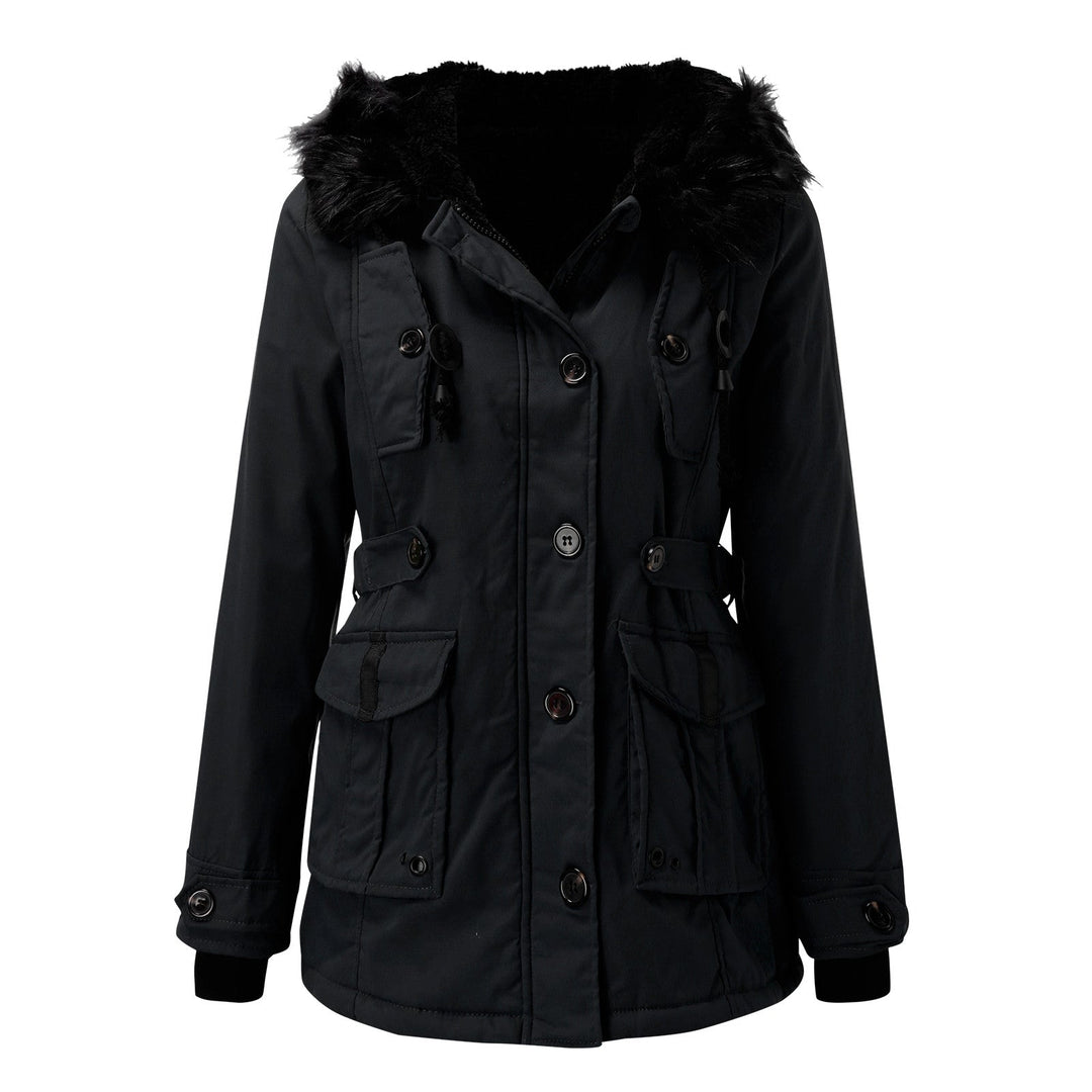 Womens Hooded Parka with Fur Trim Button Front