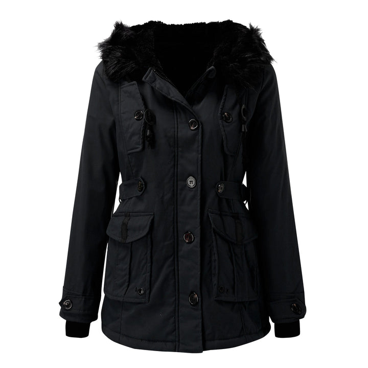 Womens Hooded Parka with Fur Trim Button Front
