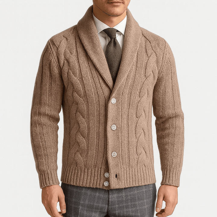 Womens Cable-Knit Cardigan with Shawl Collar - BritishMode