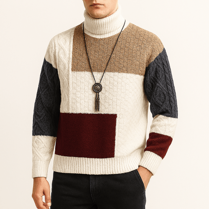 Womens Turtleneck Sweater Color-Block Knit Fit - BritishMode