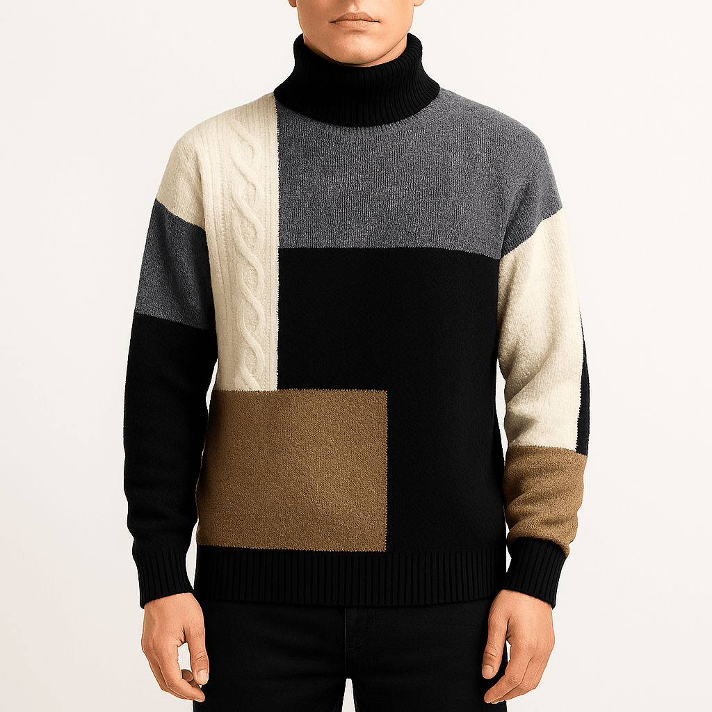 Womens Turtleneck Sweater Color-Block Knit Fit