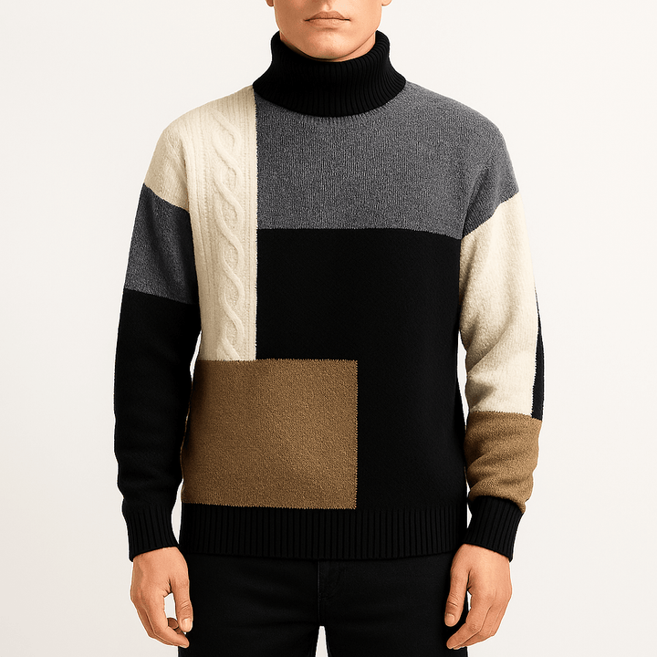 Womens Turtleneck Sweater Color-Block Knit Fit