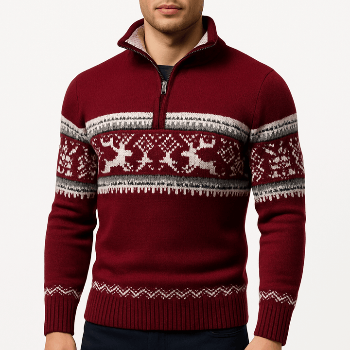 Mens Half-Zip Sweater Fair Isle Pattern Wool Blend - BritishMode