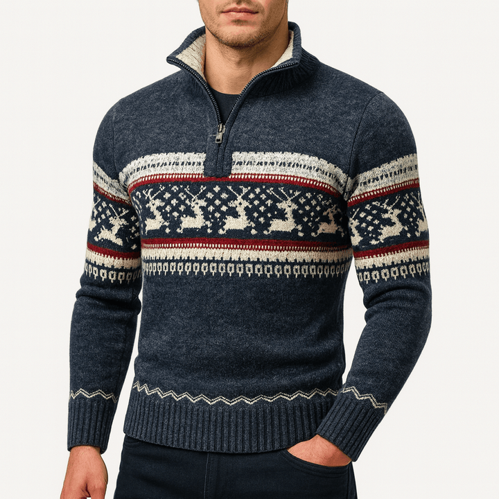 Mens Half-Zip Sweater Fair Isle Pattern Wool Blend