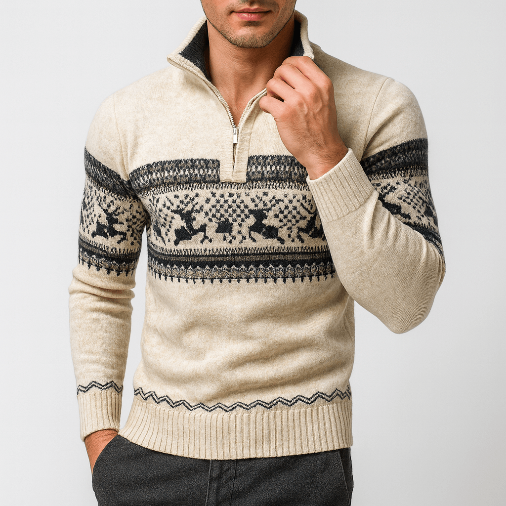 Mens Half-Zip Sweater Fair Isle Pattern Wool Blend