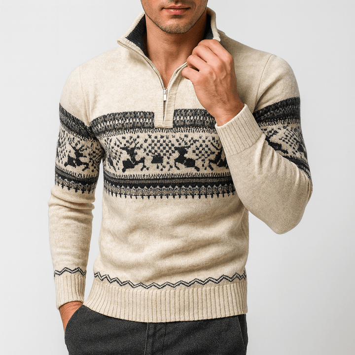 Mens Half-Zip Sweater Fair Isle Pattern Wool Blend