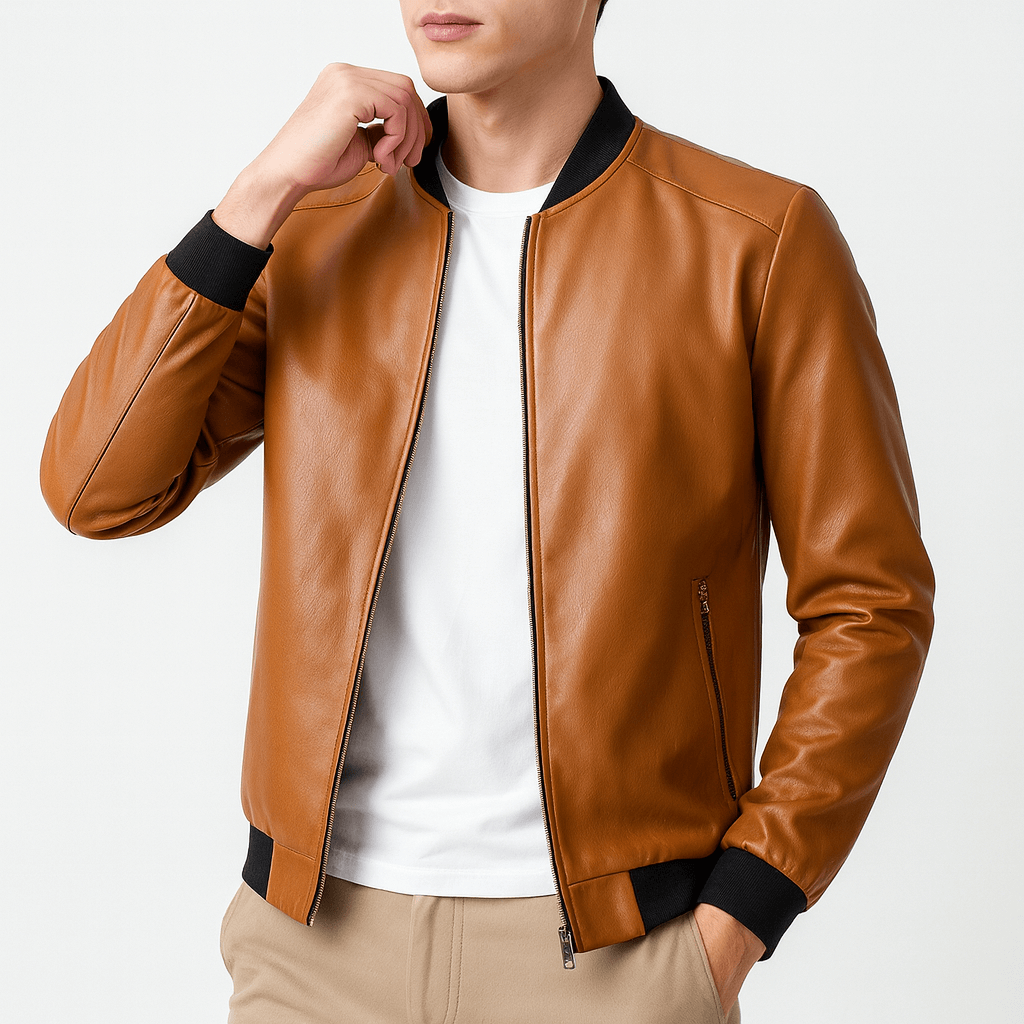 Mens Leather Bomber Jacket Classic Fit - BritishMode