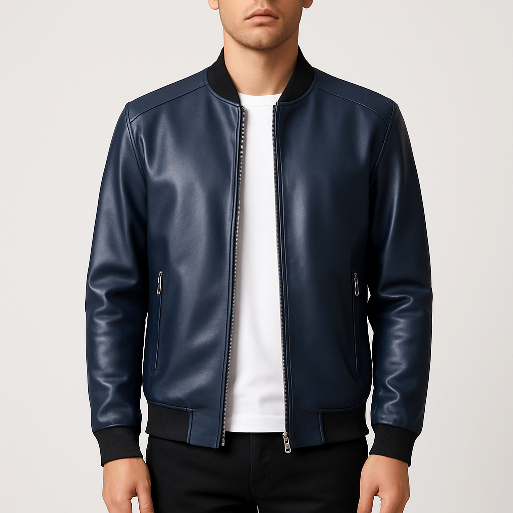 Mens Leather Bomber Jacket Classic Fit