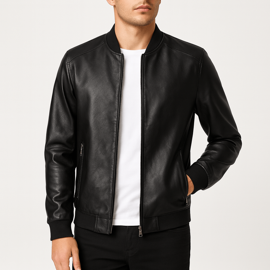 Mens Leather Bomber Jacket Classic Fit