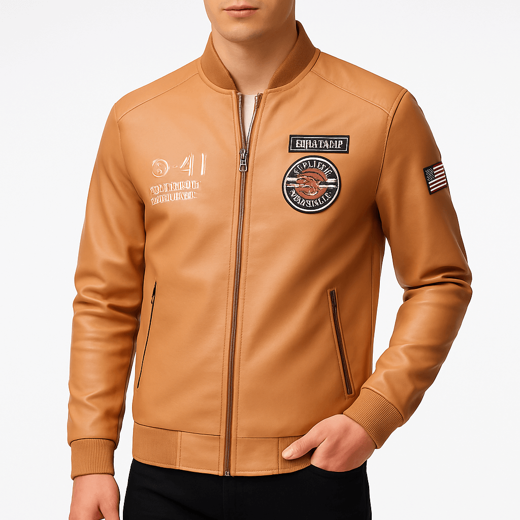 Mens Leather Jacket with Patch Detail - BritishMode